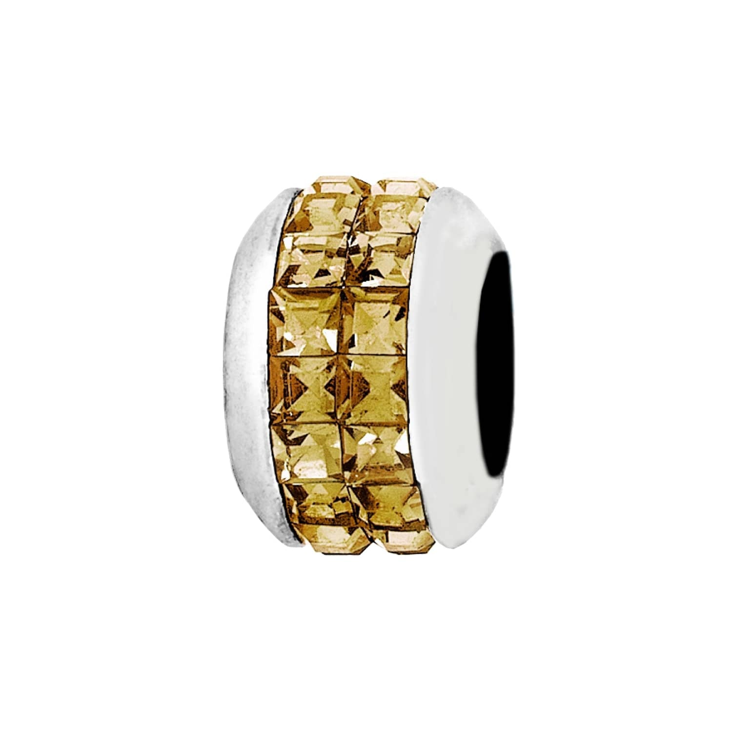 Brighton charm bead with silver-plated finish and rows of golden champagne crystals on a white background