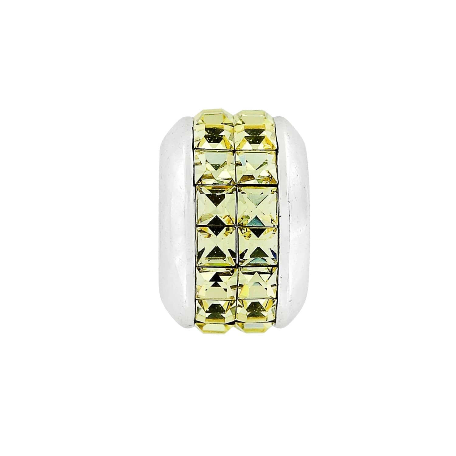 Brighton silver-plated charm bead with rows of square yellow crystals set between polished end caps on a white background