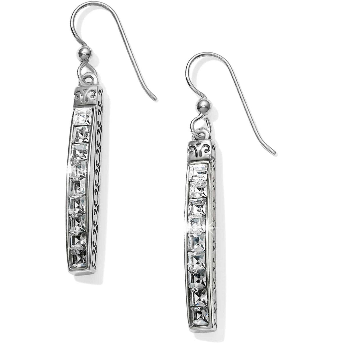 Brighton drop earrings with vertical row of square crystals and silver-plated scrollwork details on a white background