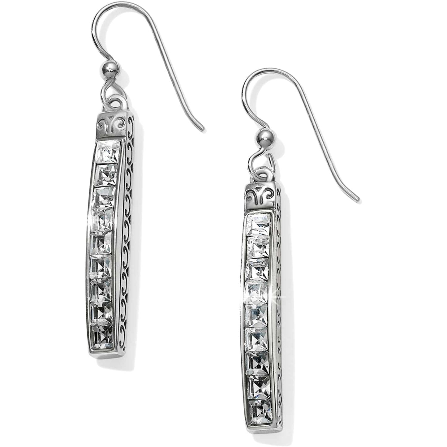 Brighton drop earrings with vertical row of square crystals and silver-plated scrollwork details on a white background