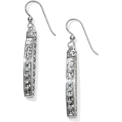 Brighton drop earrings with vertical row of square crystals and silver-plated scrollwork details on a white background