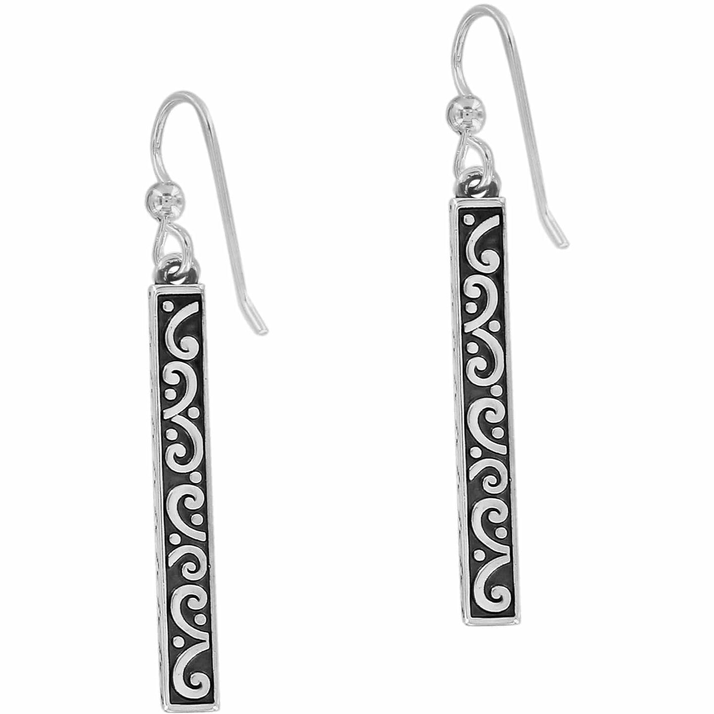 Brighton drop earrings with silver-plated rectangular bars featuring scroll and dot patterns on black background on a white background