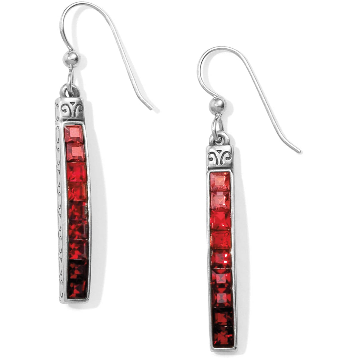 Brighton drop earrings with red crystal channel-set bars and silver-plated scroll detail accents on a white background