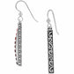 Brighton drop earrings shown from side and back with silver-plated scroll bar design and red accents on a white background