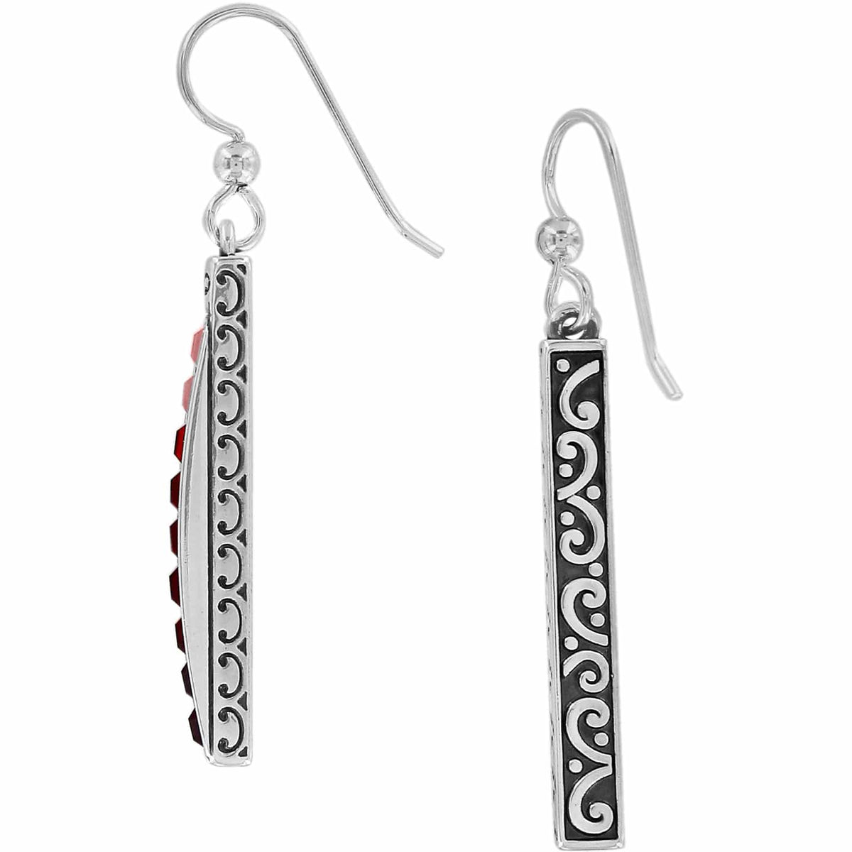 Brighton drop earrings shown from side and back with silver-plated scroll bar design and red accents on a white background