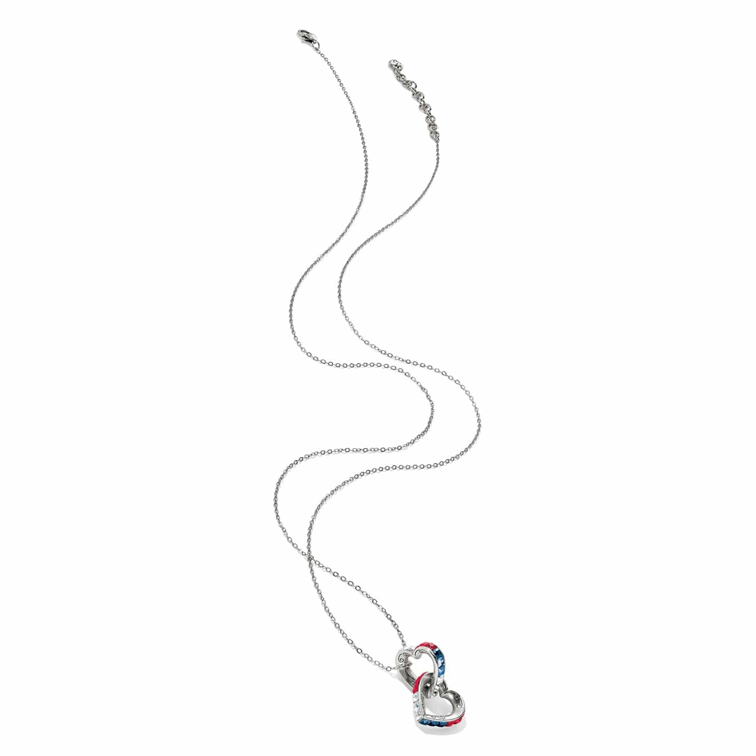 Brighton silver-plated double heart pendant necklace with red, blue, and clear crystals on a white background