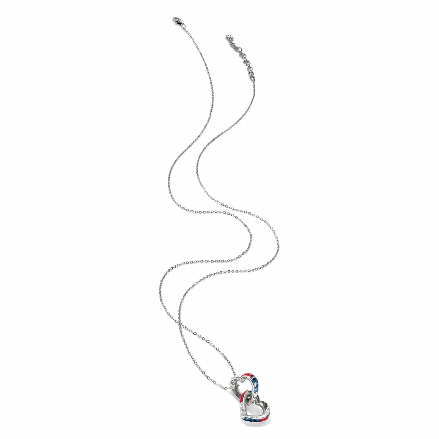 Brighton silver-plated double heart pendant necklace with red, blue, and clear crystals on a white background