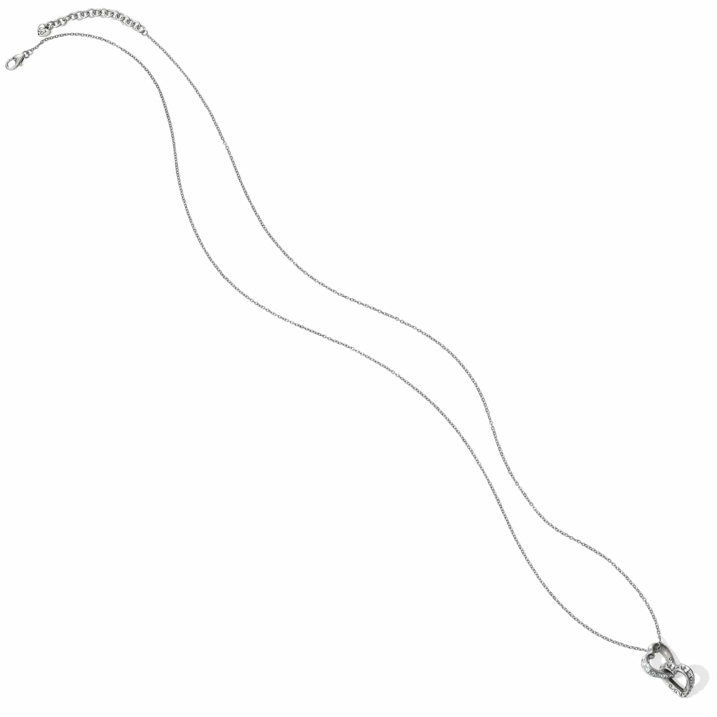Brighton silver-plated necklace with heart pendant featuring crystal accents and adjustable chain with lobster clasp on a white background