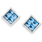 Brighton stud earrings with square blue crystals and silver-plated bezel frames on a white background