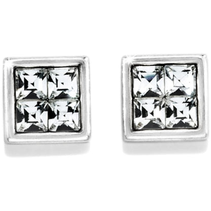 Brighton stud earrings with square crystal pavé design and silver-plated frames on a white background