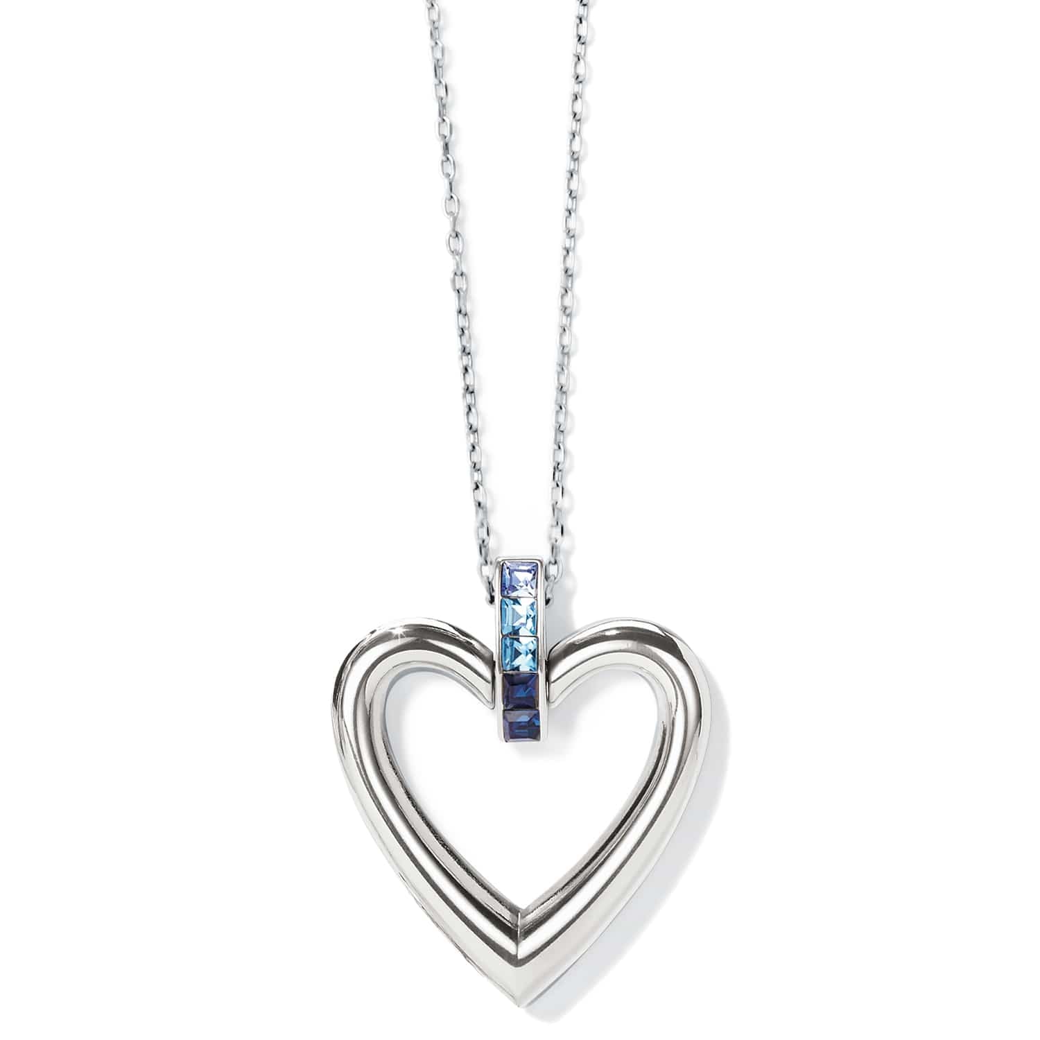 Brighton pendant necklace with silver-plated open heart and blue crystal accents on a white background