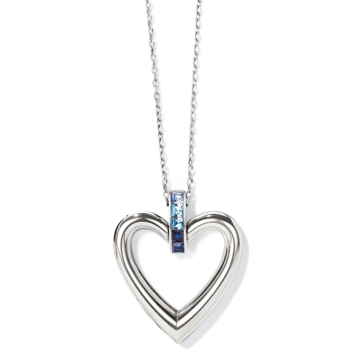 Brighton pendant necklace with silver-plated open heart and blue crystal accents on a white background