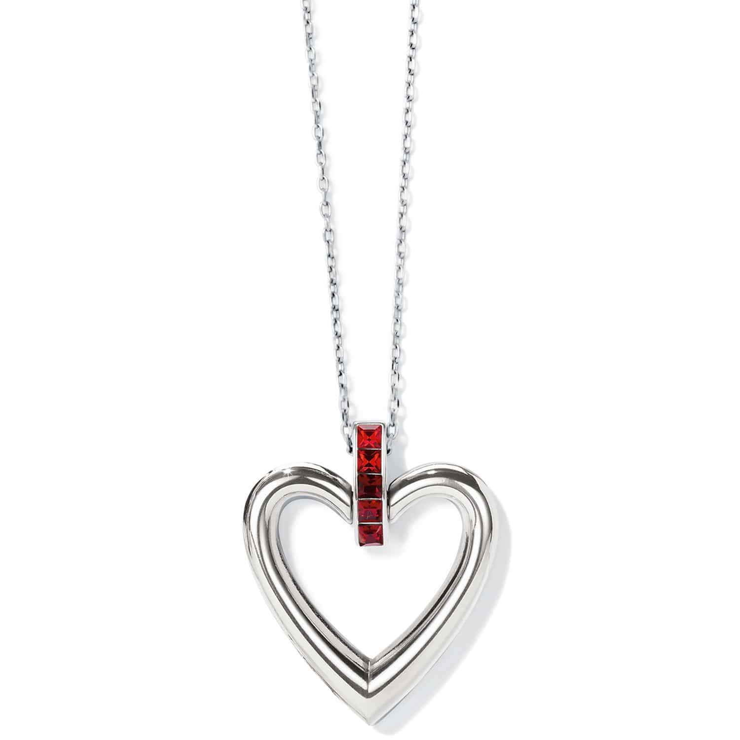 Brighton heart pendant necklace with silver-plated open heart and red crystal bail accent on a white background