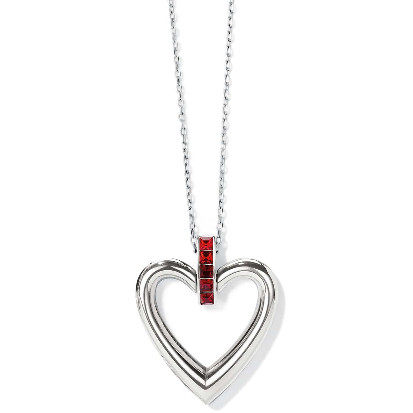 Brighton heart pendant necklace with silver-plated open heart and red crystal bail accent on a white background