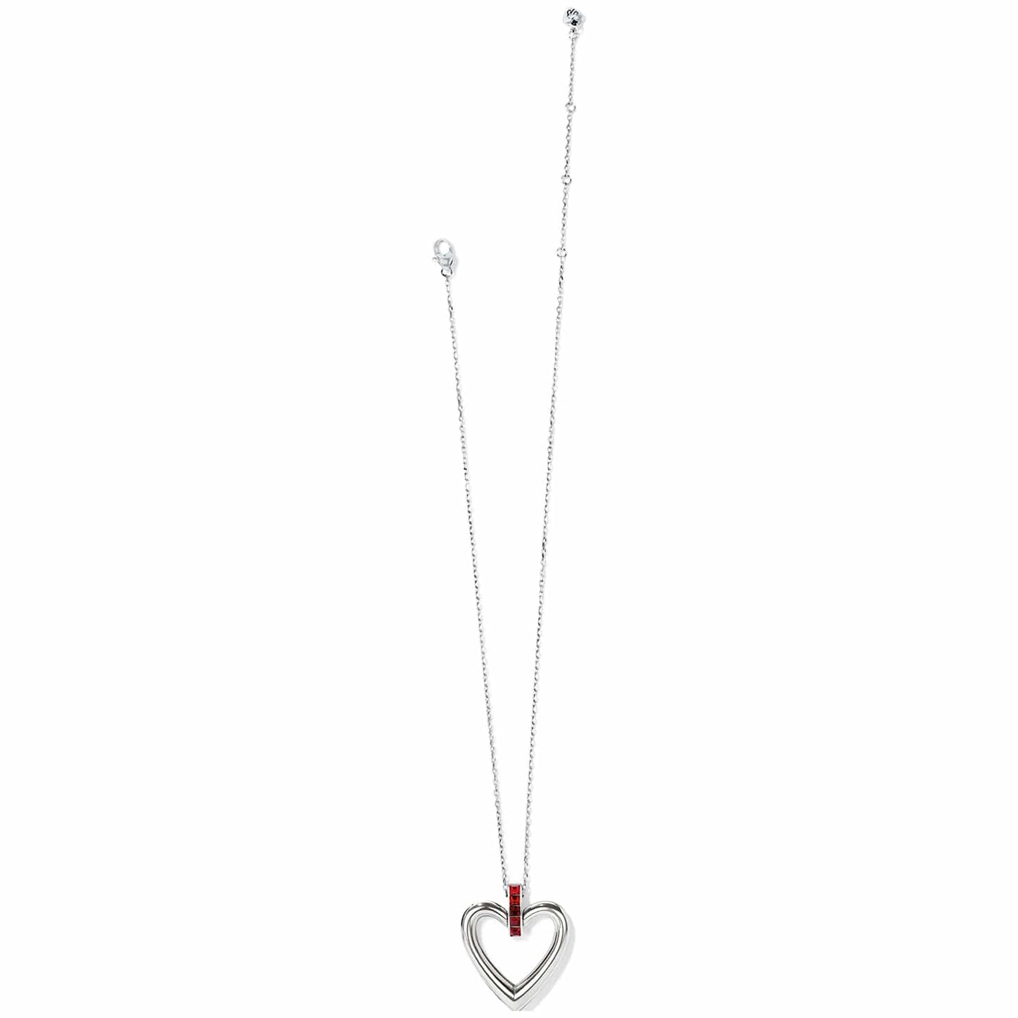 Brighton heart pendant necklace with silver-plated open heart, red crystal bail, and delicate chain on a white background