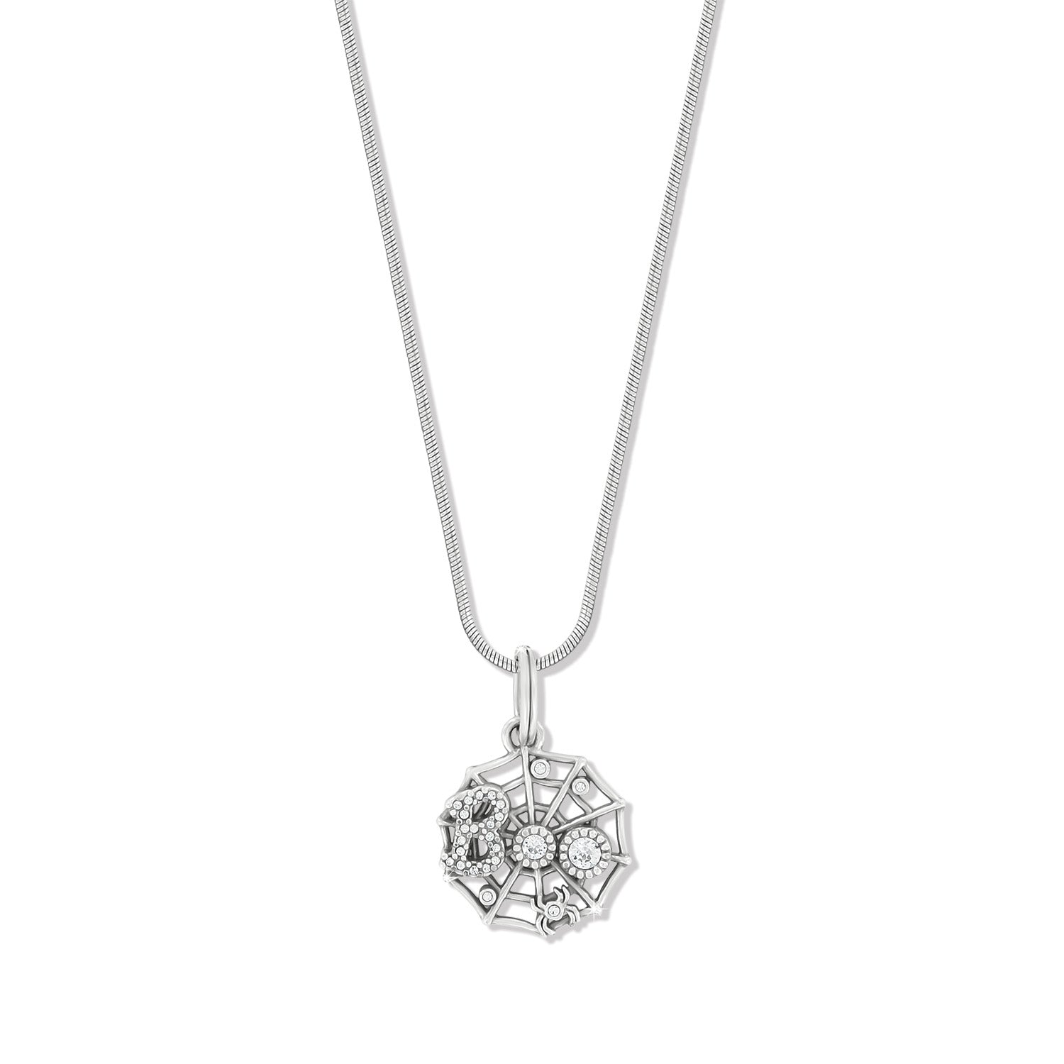 Brighton pendant necklace with silver-plated spider web charm, crystal accents, and snake chain on a white background