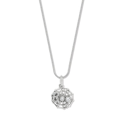 Brighton pendant necklace with silver-plated spider web charm, crystal accents, and snake chain on a white background