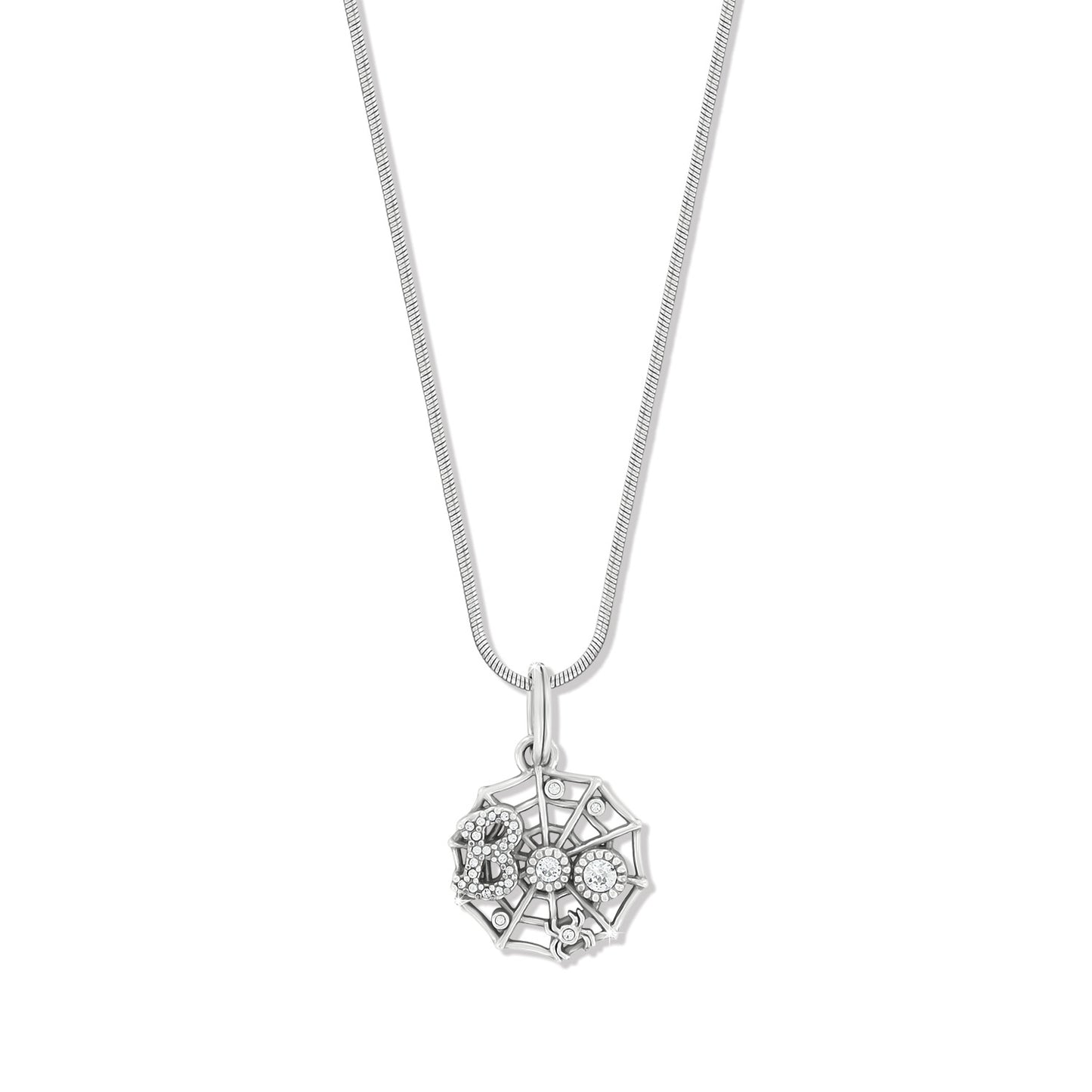 Brighton pendant necklace with silver-plated spider web charm, crystal accents, and snake chain on a white background