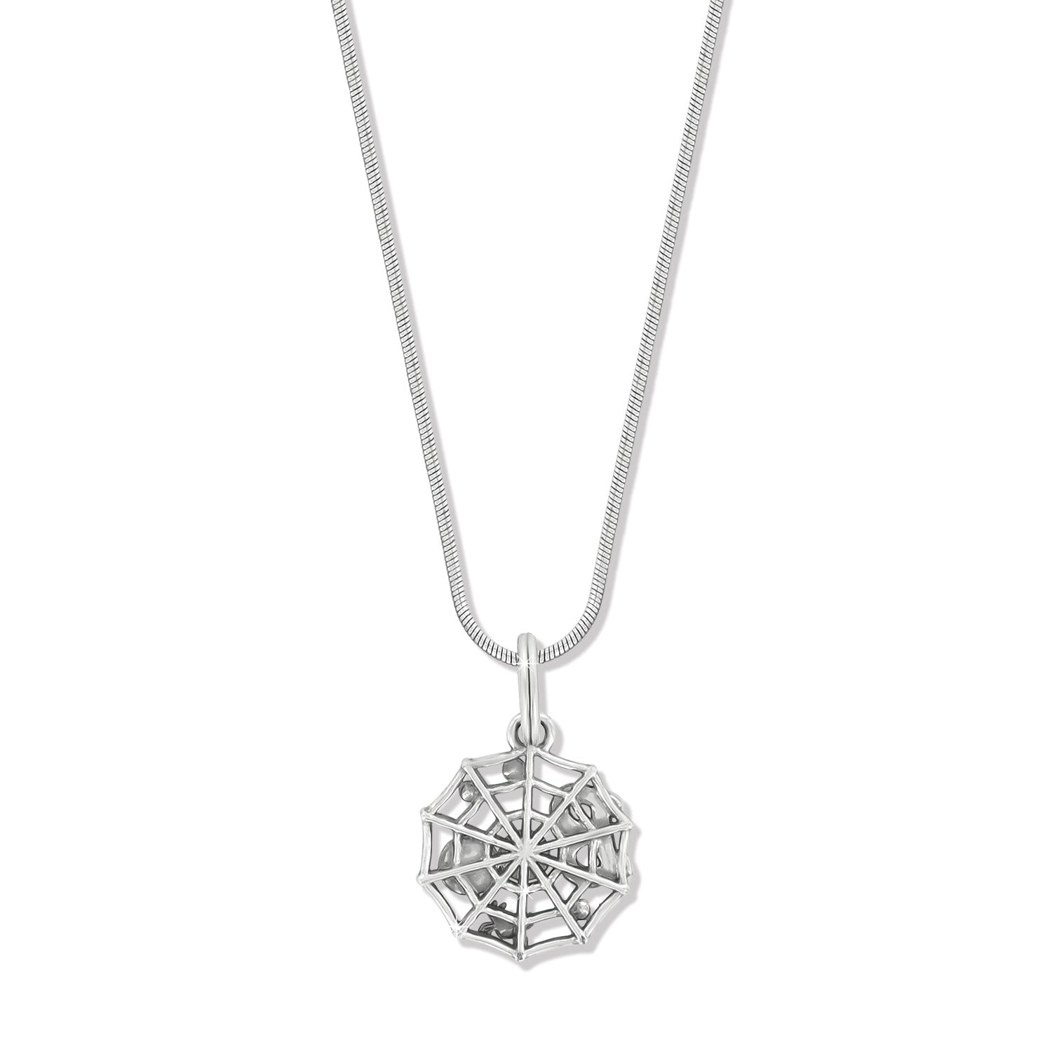 Brighton pendant necklace with silver-plated spider web charm and snake chain on a white background