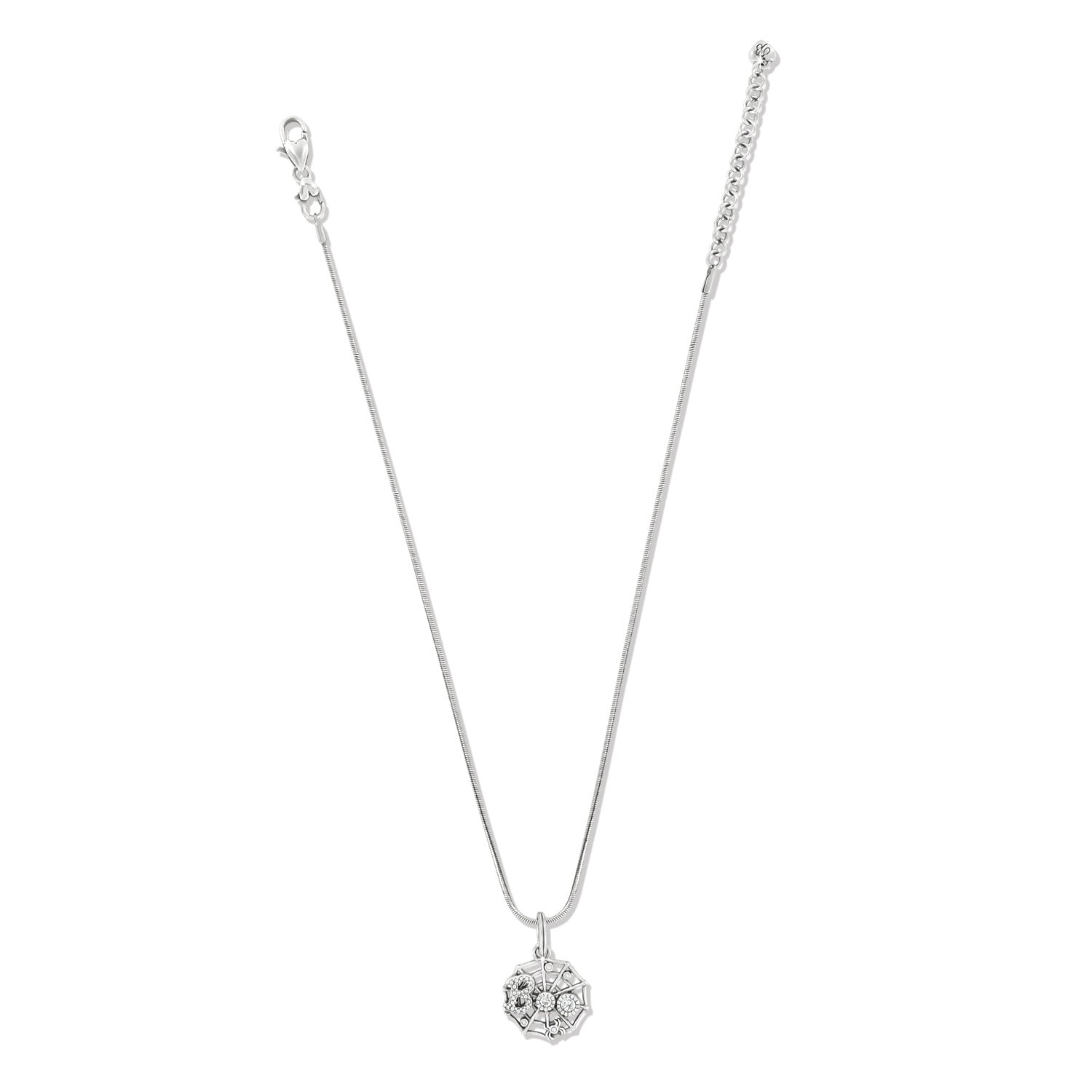 Brighton silver-plated pendant necklace with crystal-accented spider and web charm and lobster clasp on a white background