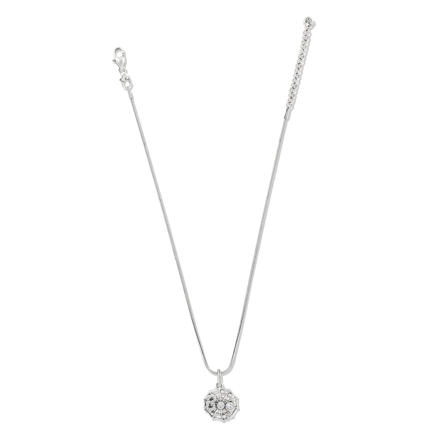 Brighton silver-plated pendant necklace with crystal-accented spider and web charm and lobster clasp on a white background