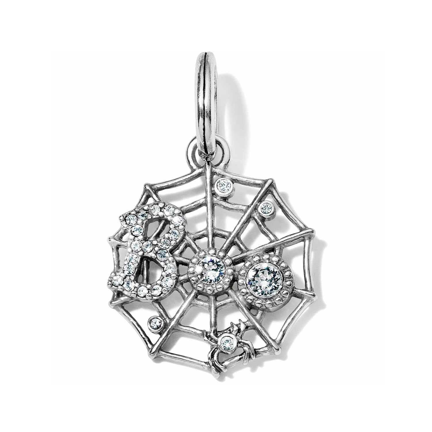 Brighton spiderweb charm with silver-plated finish, crystal accents, and small spider detail on a white background