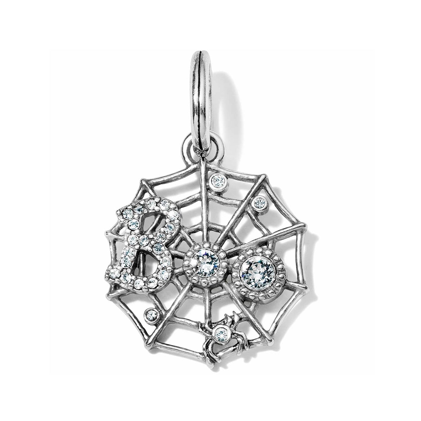 Brighton spiderweb charm with silver-plated finish, crystal accents, and small spider detail on a white background