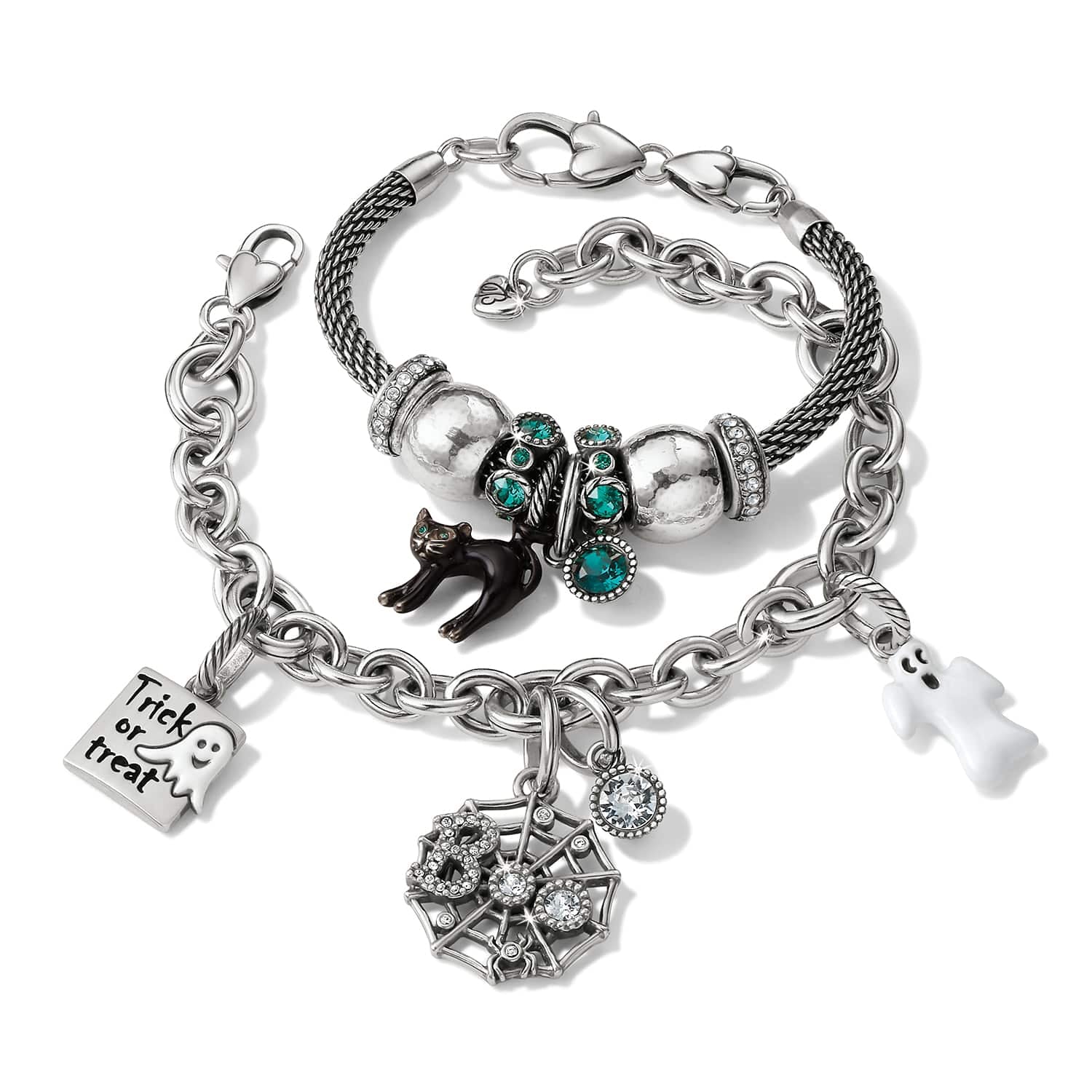 Brighton silver-plated Halloween charm bracelets with black cat, ghost, spider web, and teal crystal accents on a white background