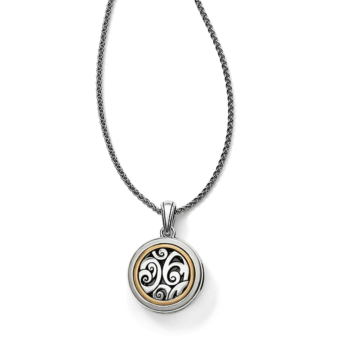Brighton pendant necklace with two-tone round medallion featuring silver scrollwork inside gold ring on a white background