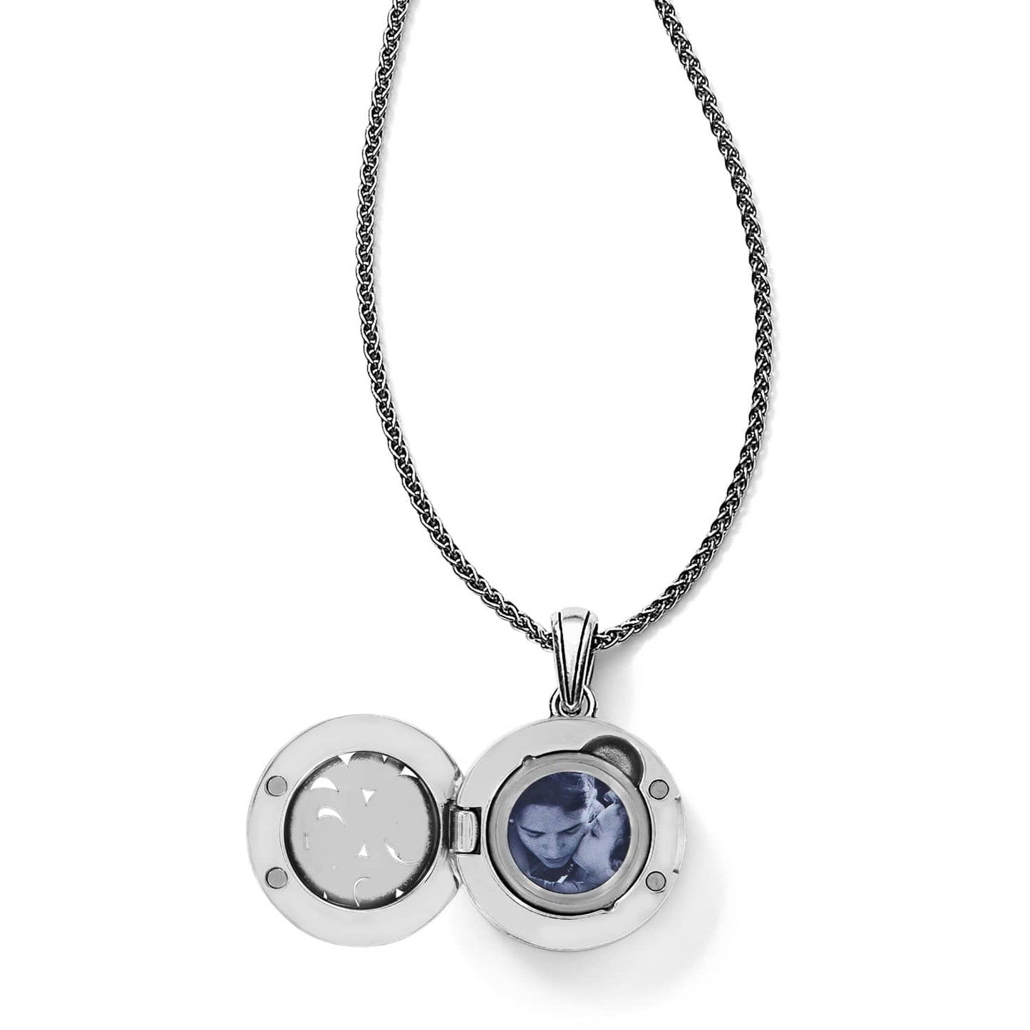 Brighton pendant locket necklace shown open with photo insert and silver-tone wheat chain on a white background