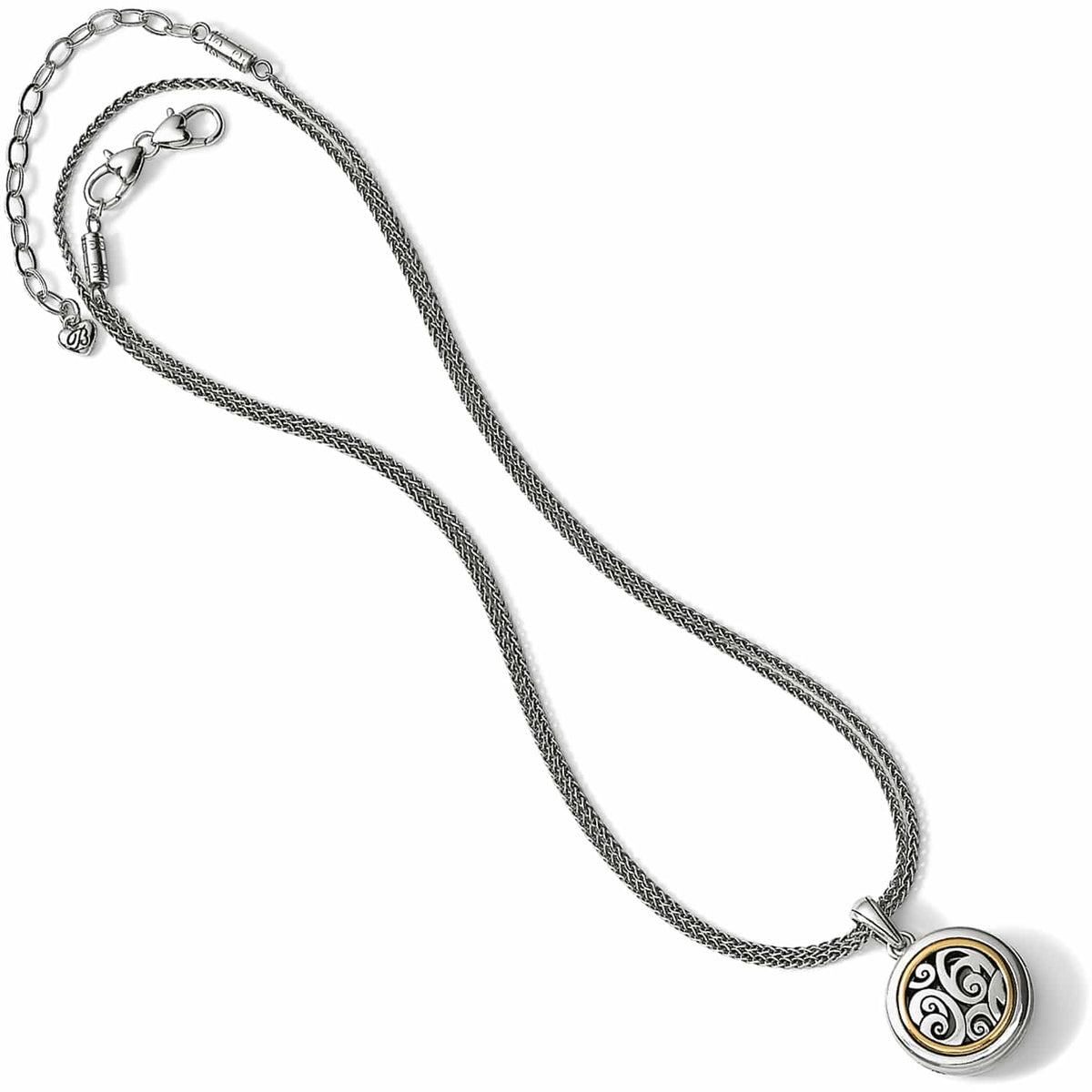 Brighton pendant necklace with two-tone circular medallion featuring scroll design on silver-tone rope chain on a white background
