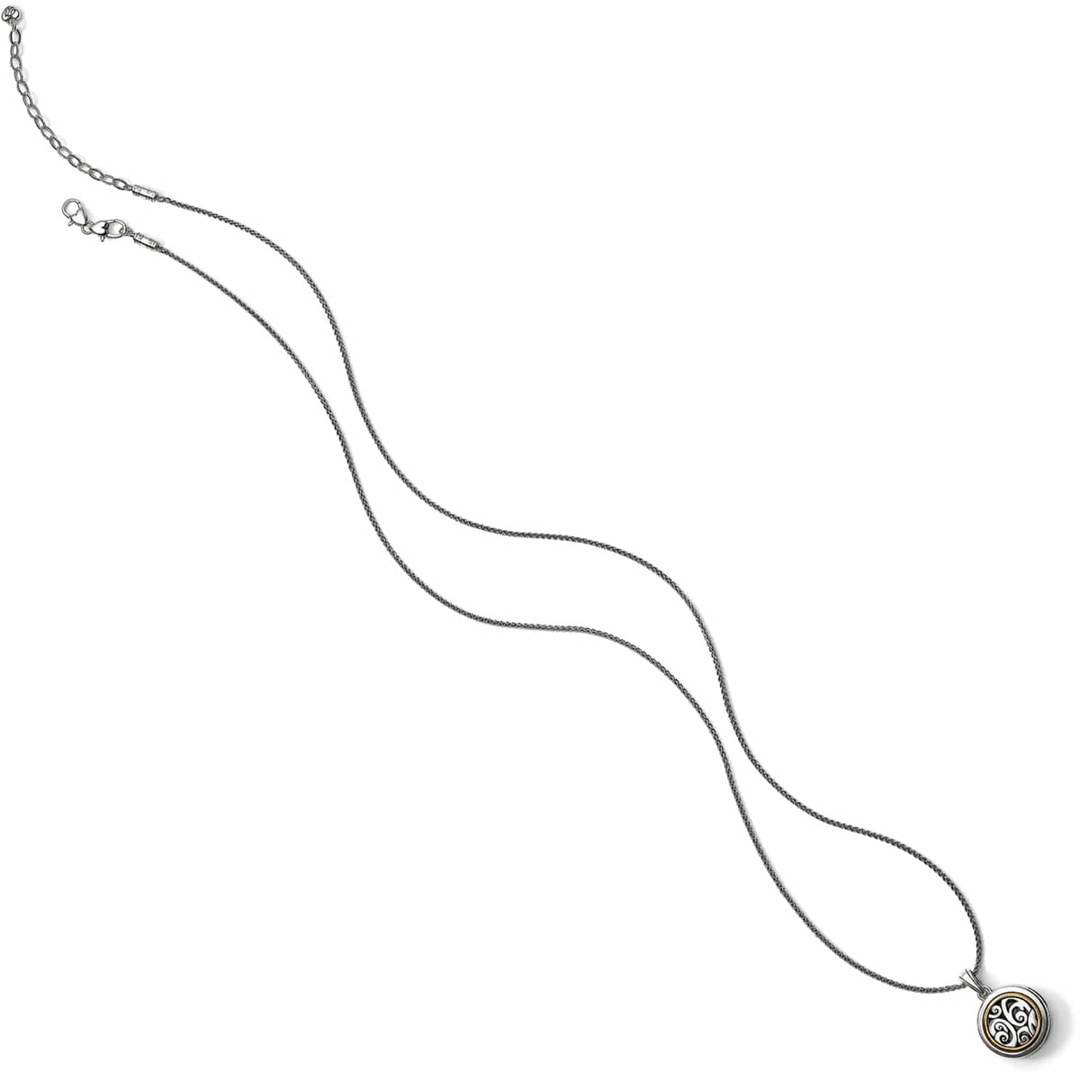 Brighton pendant necklace with two-tone round medallion featuring scroll design and delicate silver-tone chain on a white background