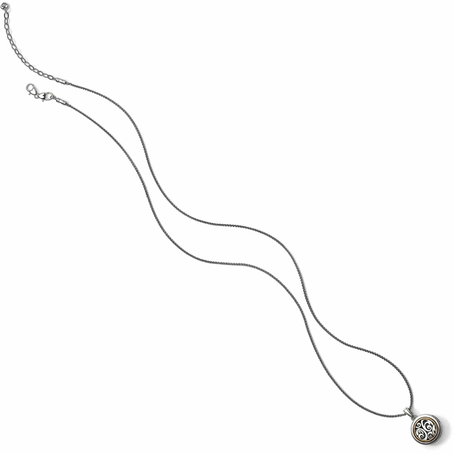 Brighton pendant necklace with two-tone round medallion featuring scroll design and delicate silver-tone chain on a white background