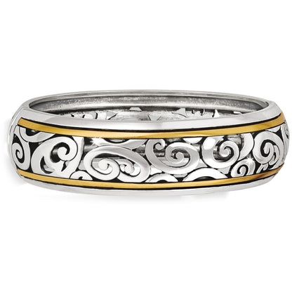 Brighton bangle bracelet with silver-plated scrollwork design and gold-plated trim edges on a white background