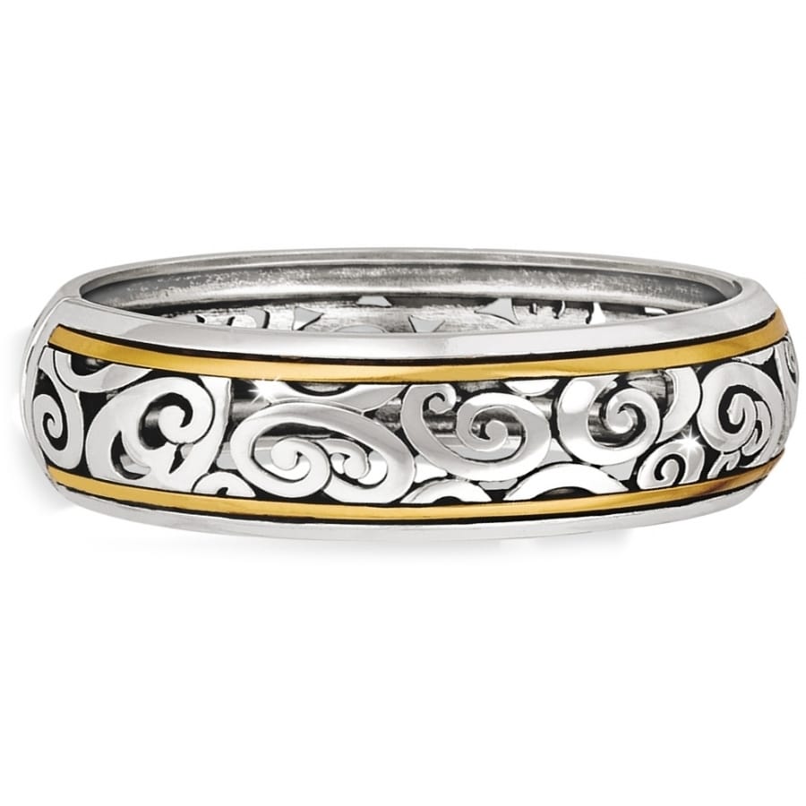 Brighton bangle bracelet with silver-plated scrollwork design and gold-plated trim edges on a white background