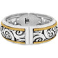 Brighton hinged bangle bracelet with silver-plated scrollwork design and gold-plated accent bands on a white background
