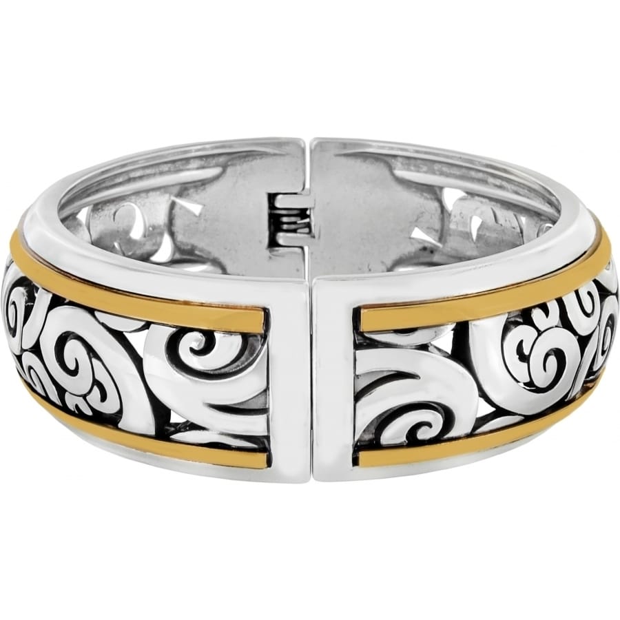 Brighton hinged bangle bracelet with silver-plated scrollwork design and gold-plated accent bands on a white background