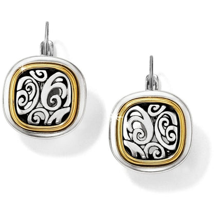 Brighton drop earrings with silver-plated scroll motif centers framed by gold-plated cushion borders on a white background