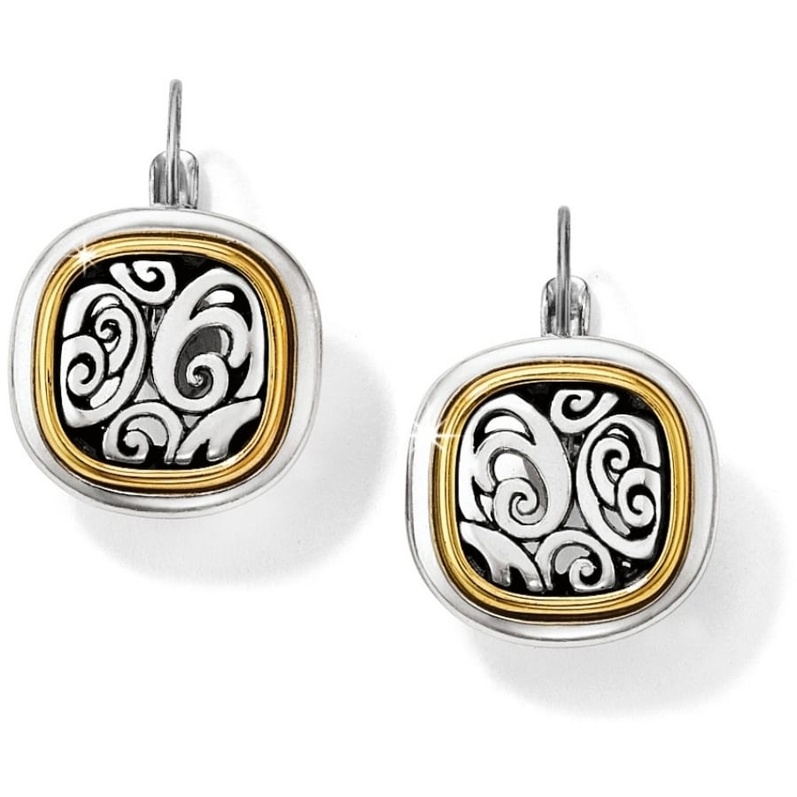 Brighton drop earrings with silver-plated scroll motif centers framed by gold-plated cushion borders on a white background