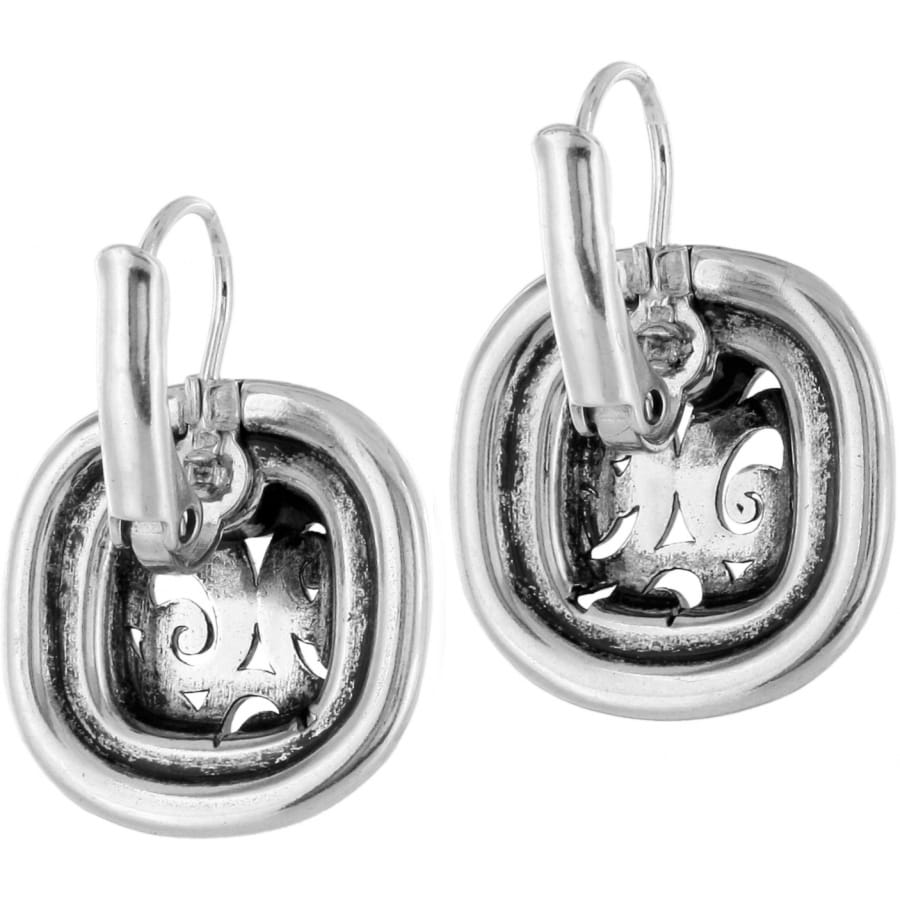 Brighton earrings with silver-plated cushion-square frames and scrollwork centers with leverback hooks on a white background