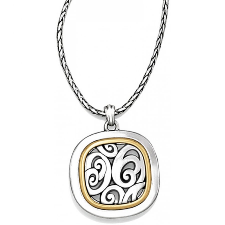 Brighton pendant necklace with silver-plated square frame, gold-plated inner border, and scrollwork design on a white background