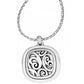 Brighton pendant necklace with silver-plated square medallion featuring openwork scroll design and woven chain on a white background