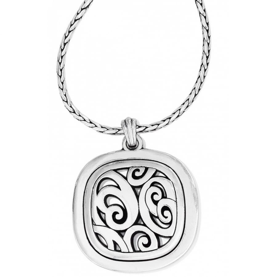 Brighton pendant necklace with silver-plated square medallion featuring openwork scroll design and woven chain on a white background