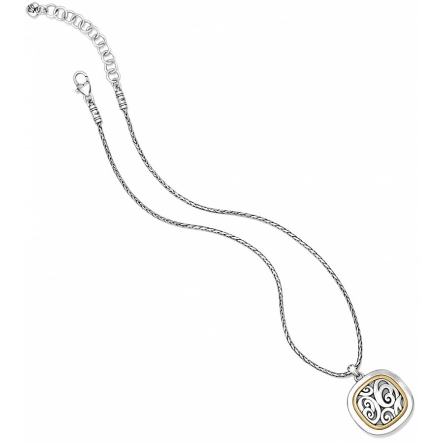 Brighton pendant necklace with silver-plated chain and square gold-plated pendant featuring swirl openwork design on a white background