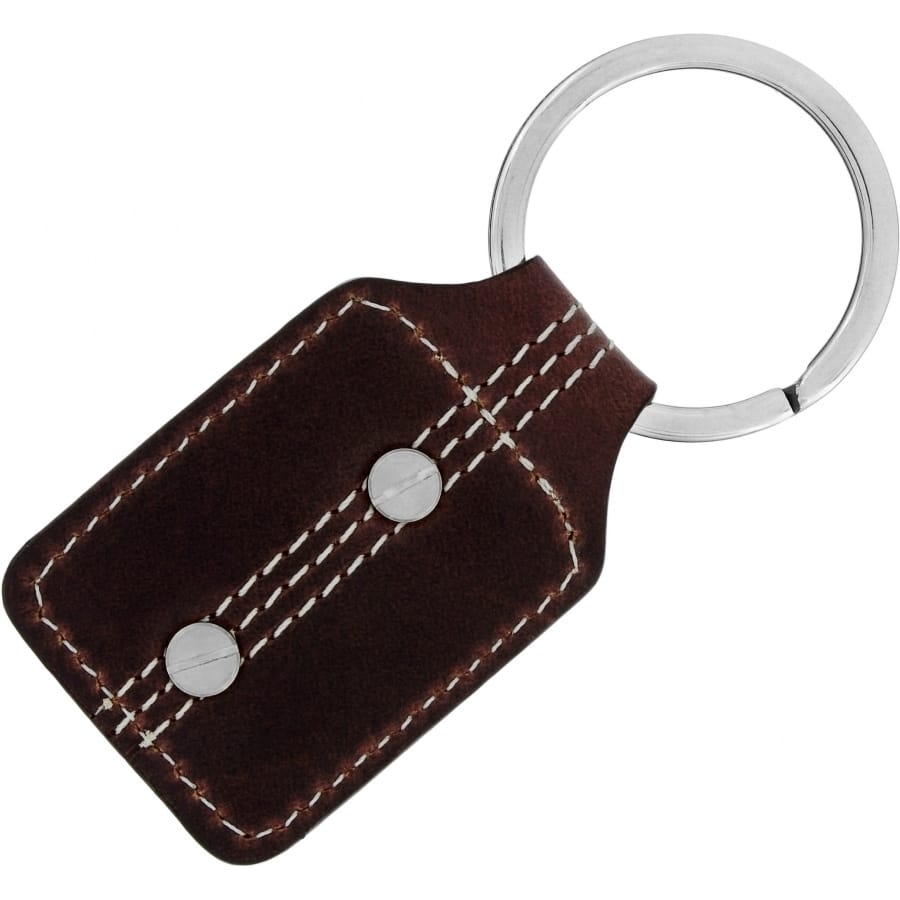 Brighton key fob with brown leather tag, white contrast stitching, silver-tone studs, and split ring on a white background