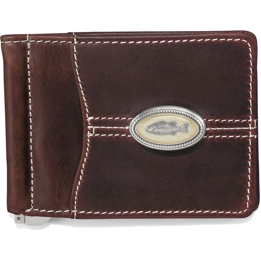 Brighton bifold money clip wallet in brown leather with contrast stitching and oval fish medallion on a white background