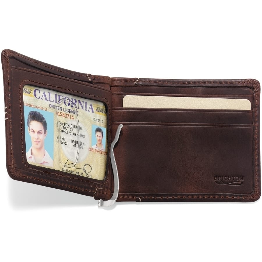 Brighton bifold wallet shown open with brown leather interior, card slots, ID window, and silver-tone money clip on a white background