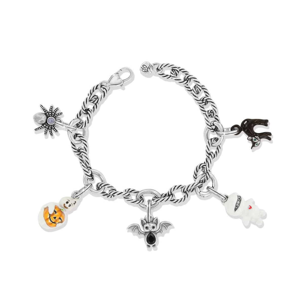 Brighton silver-plated charm bracelet with Halloween spider, black cat, pumpkin, ghost, bat, and mummy charms on a white background