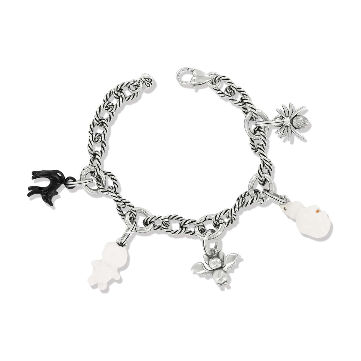 Brighton silver-plated charm bracelet with Halloween-themed enamel charms including spider, bat, and ghost on a white background
