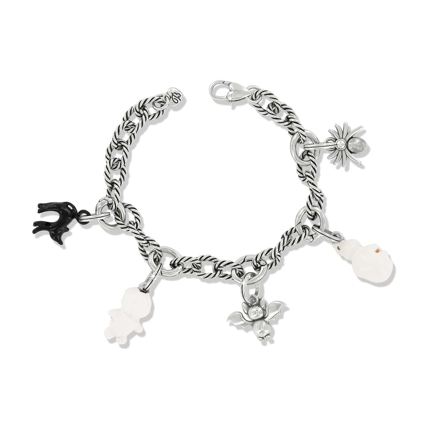 Brighton silver-plated charm bracelet with Halloween-themed enamel charms including spider, bat, and ghost on a white background